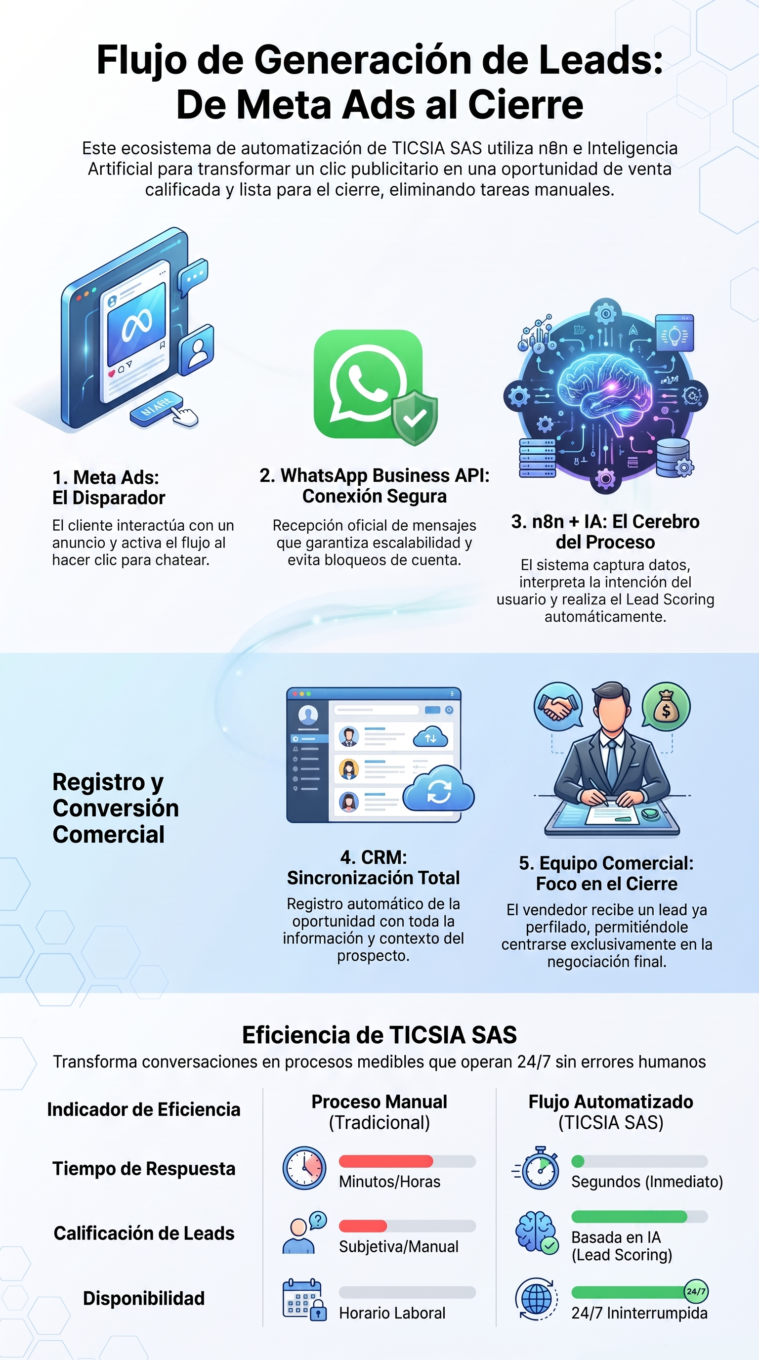 Flujo Cliente -> WhatsApp -> IA -> CRM -> Equipo comercial